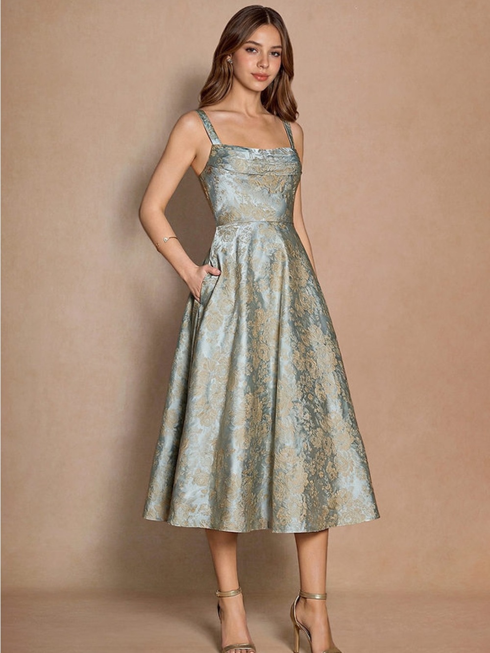 Azazie Blue and Gold Brocade Midi Dress